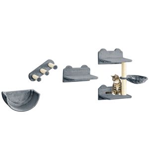 Tiragraffi per Gatti in Legno Massello con Amaca Grigia, Poste per Tirare e Piattaforme - Product Image 1