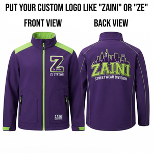 เสื้อแจ็คเก็ต ZAINI Premium 220 กรัม แบบ Softshell มีฮู้ด ระบายอากาศได้ดี เป็นมิตรกับสิ่งแวดล้อม กันลม สีม่วงเขียว ตัดต่อสีแบบคอนทราสต์ ซิปด้านหน้า แบบสั่งทำพิเศษ - Product Image 1