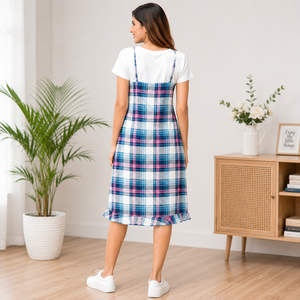 Vestido tipo delantal a cuadros para mujer, informal, con cuello en V, dobladillo con volantes, largo midi, de tweed, transpirable, para uso diario, sin mangas, bordado - Product Image 4