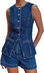 ชุดเดนิมผู้หญิงคุณภาพเยี่ยม ทรงหลวม ติดกระดุม เสื้อแจ็คเก็ตยาวและกางเกงยีนส์ขาสั้น สไตล์ลำลอง มีกระเป๋าเก๋ไก๋ - Product Image 3