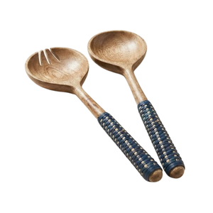 Ensemble de service à salade en bois de manguier écologique, fait main, 2 pièces : cuillère et fourchette en bois avec manche en rotin tressé - Product Image 1