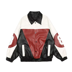 Veste en cuir artificiel à blocs de couleur pour hommes, veste décontractée à fermeture éclair, manteau brodé de haute qualité, coupe-vent en gros - Product Image 1