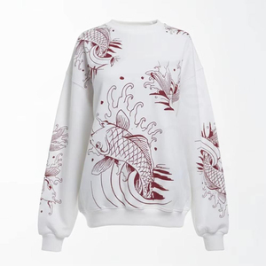 Sudadera de Cuello Redondo con Estampado de Pez Koi Blanco Extra Grande para Hombre, Suéter Informal de Punto, Corte Regular de Otoño, 100% Algodón Transpirable - Product Image 1