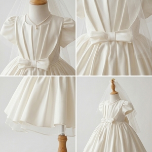 Vestido de niña de las flores personalizado estilo heredado, de satén color marfil con mangas abullonadas, estilo princesa, para boda, primera comunión, bautizo, boutique infantil - Product Image 3