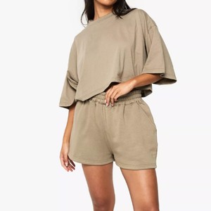 Conjunto de pantalones cortos de algodón de color liso para mujer, cuello redondo, manga tres cuartos, cintura elástica, ajuste holgado, ropa de verano - Product Image 1
