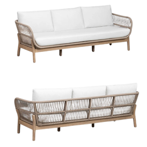 Scandinavian Outdoor Garden <b>Sofa</b> Three Seat Wicker <b>Rattan</b> Wood Frame White Cushion Durable Patio Furniture - Product Image 4