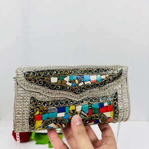 Modern Handmade Gold-Plated Aluminum <b>Silver</b> Mosaic Polished Antique Ethnic <b>Clutch</b> <b>Bag</b> Colorful Beaded Evening Purse Sculpture - Product Image 5