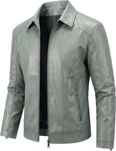Men's Slim Fit PU <b>Leather</b> Moto <b>Jacket</b> Turn-down Collar Zipper Closure Solid Black Regular Length Autumn Wear - Product Image 5