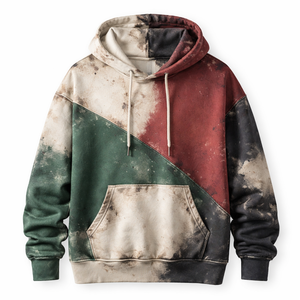 Sweat à capuche oversize zippé en molleton 100 % coton, imprimé numérique, effet vieilli, blocs de couleur, délavé à l'acide, style streetwear pour homme - Product Image 1