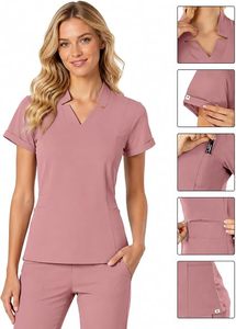 Blusa Sanitaria Rosa de Manga Corta con Cuello en V para Mujer, de Poliéster Tejido, Uniforme Hospitalario con Bolsillos y Detección de Agujas - Product Image 6