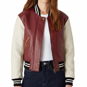 Women's Red White Varsity Jacket Full Sleeve Turn Down Collar Zipper Closure PU Leather Material Regular Fit Autumn Style - Product Image 1