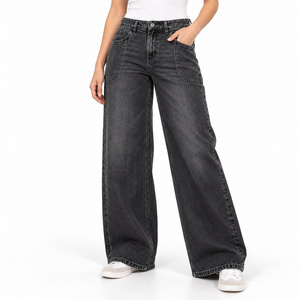 Jeans de mezclilla de mujer de tiro medio y pierna ancha con bolsillos curvos utilitarios - Negro lavado - Product Image 3
