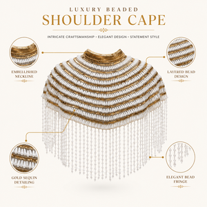 Cape élégante blanche ornée de perles avec détails en sequins dorés et franges tombantes pour les soirées et les mariages - Product Image 6