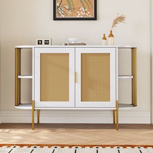 Elegante Credenza Curva a 2 Ante con Finiture Dorate e Porte in Rattan Intrecciato per Sala da Pranzo e Collezioni di Stoviglie - Product Image 2