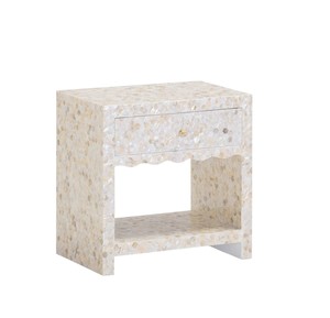 Mesa auxiliar de madera hecha a mano de primera calidad con incrustaciones de mosaico de concha blanca y un versátil diseño de mesita de noche Capiz con estante abierto. - Product Image 2