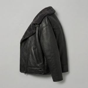 Chaqueta Bomber Negra de Piel de Oveja |   Chaqueta de Cuero Estilo Aviador para Invierno |   Fabricante de Marca Privada OEM Personalizado - Product Image 3