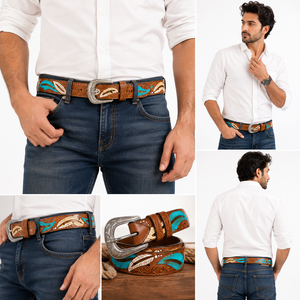 Cinturón de Cuero Occidental Hecho a Mano de Primera Calidad para Hombre, Diseño con Incrustaciones de Plumas, Cinturón de Cuero Genuino - Product Image 5