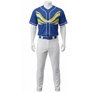 Ensemble d'uniformes de baseball sublimés unisexes |   Pantalon respirant à séchage rapide, col en V, taille élastique, bleu royal et jaune, 100 % polyester - Product Image 1