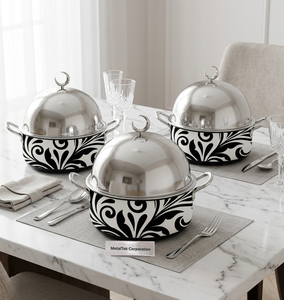 Casserole isotherme moderne en acier inoxydable, design damas arabe, plat de service avec couvercle en forme de croissant, pour le Ramadan, les fêtes à domicile et les buffets - Product Image 2