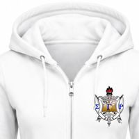 Sweat à capuche zippé intégral personnalisé pour femme, blanc, en polaire décontractée, avec motif de lettres grecques brodées, style veste de sororité premium