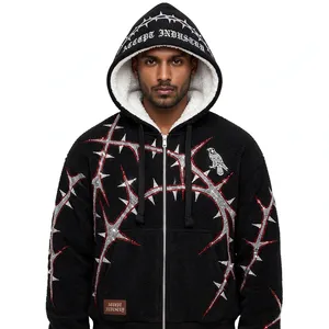 Sudadera con capucha oversize para hombre ACCEPT INDUSTRY, con cremallera, forro polar, estampado de espinas y águila con pedrería, estilo urbano, para invierno. - Product Image 1
