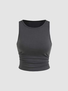 <b>Women</b> Polyester Ribbed Short Crop <b>Tank</b> <b>Top</b> Sleeveless Crew Neck Slim Fit <b>Knitted</b> Vest Front Logo Yoga Activewear - Product Image 3