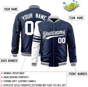 Custom <b>Men's</b> Navy Blue Varsity <b>Jacket</b> With White <b>Lettering</b> And Number Zipper Front Preppy Style Patch Design - Product Image 2