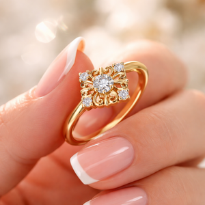 Anillo de Aniversario de Diseño con Cinco Diamantes Reales para Mujer, Oro Amarillo de 14K | Anillo de Joyería Elegante con Diseño Floral para Regalo de Compromiso o Boda - Product Image 4