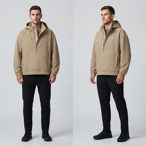 Chaqueta cortavientos beige con capucha y media cremallera para hombre, ligera, tipo anorak, con bolsillo frontal. - Product Image 3