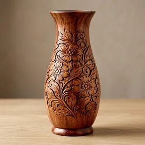 Handcrafted Wooden Flower <b>Vase</b> Decorative Carved Floral Design Tabletop Home Decor - Product Image 3