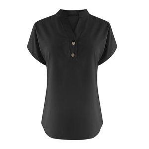 Pull décontracté pour femme à col rond, boutonné sur le devant, manches courtes, en mélange de coton et élasthanne, grande taille, anti-plis, anti-boulochage, avec logo imprimé - Product Image 3