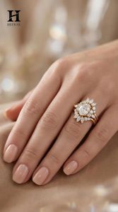 Anillo de compromiso vintage con diamante ovalado cultivado en laboratorio, conjunto de anillos de oro de 14 quilates con halo de rayos de sol marquesa, conjunto nupcial de lujo con diseño de estrella para mujer - Product Image 1