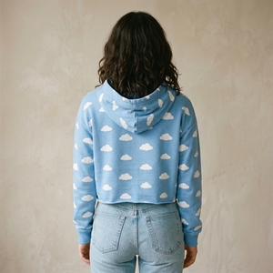 Breathable High Quality <b>Women</b> Crop Top Custom OEM Streetwear Light <b>Blue</b> Cloud Print Cropped <b>Hoodie</b> Casual Drop Shoulder - Product Image 2