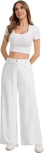 Pantalones anchos de cintura alta blancos para mujer, informales, de largo completo, de color liso, de algodón, de ajuste holgado, con cierre de botón, parte delantera plana, pantalones de verano - Product Image 3
