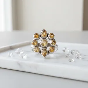 Élégante bague en argent sterling 925 avec grappe de pierres multicolores en citrine, bijou de cocktail fait main en pierres précieuses dorées pour femme - Product Image 3