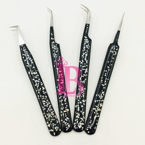 Black Color With Glitter Eyelash Tweezers Anti Slip Best Stainless Steel Lash Extension Tweezers <b>Set</b> Sustainable Mink Low MOQ - Product Image 3
