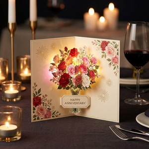 Carte de vœux originale ZS-PC0061, faite à la main, romantique, fleur 3D, forme de cœur, lumière LED, carton verni brillant - Product Image 5