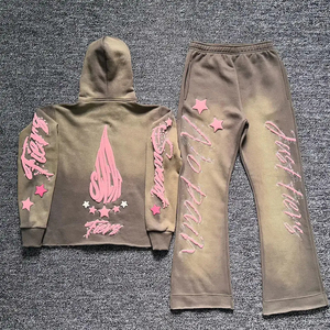 ชุดวอร์มลำลองสไตล์ Y2K สำหรับผู้ชาย เสื้อฮู้ดผ้าฝ้าย 100% สีชมพู แต่งตัวอักษรกลิตเตอร์ลายดาว กางเกงขายาวทรงหลวม ใส่ได้ในฤดูหนาว - Product Image 6