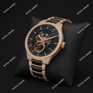 Rose Gold <b>Black</b> Skeleton Dial Crystal Set <b>Watch</b> With Open Movement Display Elegant Sparkling Bezel And Modern Fashion Style - Product Image 2