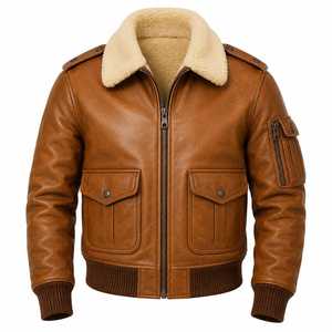 Veste aviateur en cuir véritable TRIVEERS pour homme, col en peau de mouton, respirante, coupe-vent, doublure en polyester/coton, hiver - Product Image 1