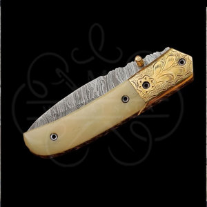 Custom Handmade Damascus Steel Pocket <b>Knife</b> <b>Handle</b> Cow <b>Bone</b> Brass Bolster With Leather Sheath Compact Folding <b>knife</b> - Product Image 3