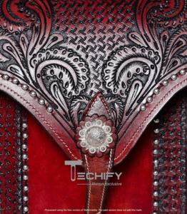 Sacoche de selle en cuir western avec arbre en plastique, gravures, conchos en laiton, couleur rouge, durable, pour usage équestre, personnalisable - Product Image 3
