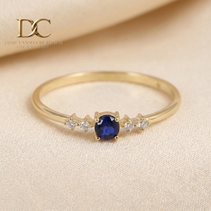 Handcrafted 14KT Solid Gold <b>Ring</b> With Lab Grown Diamond and Royal <b>Blue</b> Sapphire New Elegant Design Women's Wedding Jewelry - Product Image 6