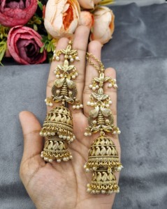 Pendientes Jhumka de Doble Cúpula con Cuentas de Cristal Largas y Cadenas para el Cabello Integradas, de Moda, para Bodas y Fiestas, Venta al por Mayor - Product Image 1