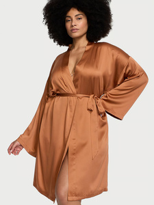 Vestido tipo bata de satén de seda marrón para mujer, manga tres cuartos, cuello oblicuo, largo hasta la rodilla, elegante, para otoño - Product Image 2