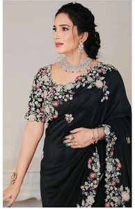 Sari Tradicional Gujarati de Georgette de NiMa Creations, Negro con Bordado Floral en el Borde, Corte Regular para Mujer, Ideal para Bodas, Fiestas y Graduaciones - Product Image 2