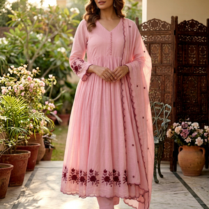 Elegante Traje Anarkali Rosa con Bordado Floral, Corte Holgado, Ropa Tradicional India y Pakistaní para Mujer - Product Image 1
