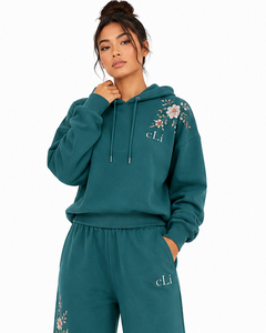 Wholesale Women's Flower Embroidery Hooded Tracksuit Relaxed Fit <b>Palazzo</b> <b>Pants</b> Private Label Full Sleeves Hoodies Supplier DTG - Product Image 3