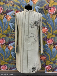 Sherwani asymétrique en soie ivoire royale pour homme, motif oiseau de paradis, avec broderie 3D et perles, tenue de marié - Product Image 2