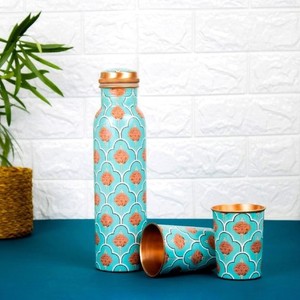 Traditional Light Blue Floral Vine Solid Copper Hydration Gift Set with Flask and <b>Glasses</b> for Home and Office - Product Image 4